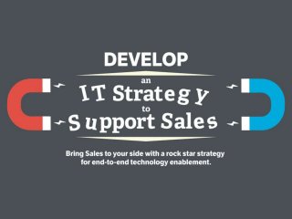 Develop an IT Strategy to Support Sales.
Bring Sales to your side with a rock star strategy for end-to-end technology enablement.
This research is designed for IT Applications Director(s) responsible for successfully supporting the sales department and enabling sales processes. The contents within this research aims to identify points of collaboration between IT and Sales concerning sales-related
business process improvements. The goal should be to strengthen the alignment between IT and Sales with a series of initiatives that augment sales productivity and transform IT into a strategic partner for contributing to sales objectives. If IT fails to adequately support
Sales, the organization’s revenue will be in direct jeopardy. As a result, it’s absolutely imperative that CIOs and Applications Directors work with their counterparts in the sales organization to craft a cohesive and comprehensive strategy for providing world-class technology
enablement that helps – rather than hinders – the sales function.
Components/Aspects of a Well-Aligned Sales-IT Strategy:
Centralized, shared governance between Sales and IT,
Strong communication,
Comprehensive requirements gathering programs,
Strong standard operating processes and procedures,
Strong triaging and application maintenance workflows,
Cohesive, rationalized portfolio of sales applications and technologies,
Strong data governance for sales and customer data.
The Cross-Functional Sales-IT Alignment Team:
Sales Agents and Managers,
Marketing Staff,
IT Staff and Managers,
Customers (via surveys and focus groups),
Call Center and Field Service Agents and Managers,
Components of an Environmental Scan:
Sales and Technology Trends,
Competitors,
Customer Experience and and Sentiment,
Value-Based Market and Product Segmentation,
Value Segments,
Interaction Channel Preferences.
The Various Best-Of-Breed Sales Applications in Support of Core CRM Suites:
· Customer Relationship Management (CRM),
· Sales Collateral Management/Cloud File Sharing,
· Sales Collaboration Management/Collaboration Platforms,
· Social Media Management Platform,
· Sales Force Automation,
· Lead Management Automation (LMA),
· Field Sales/Service Automation (FSA),
· Email Marketing Bureaus,
Marketing Intelligence Systems.
 