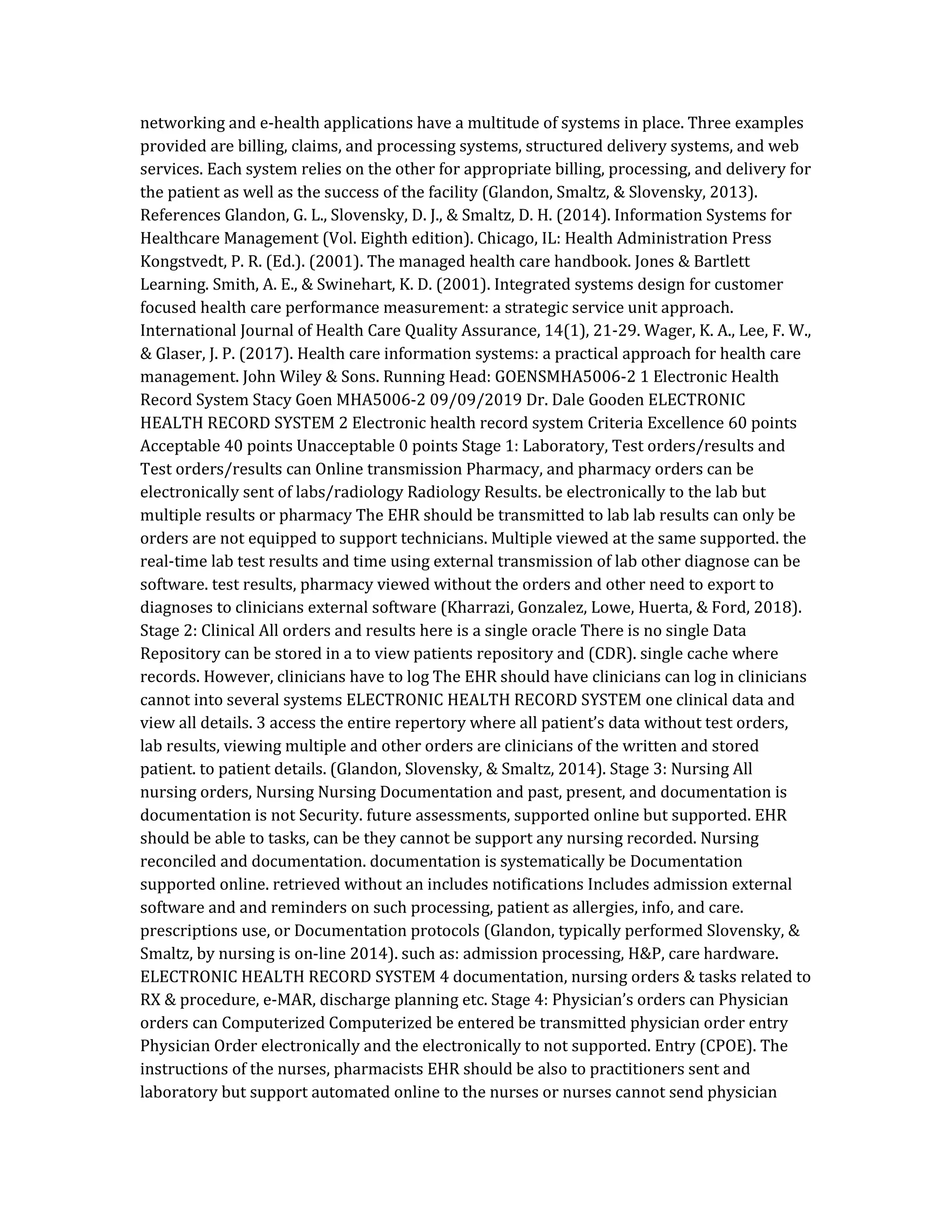 networking and e-health applications have a multitude of systems in place. Three examples
provided are billing, claims, and processing systems, structured delivery systems, and web
services. Each system relies on the other for appropriate billing, processing, and delivery for
the patient as well as the success of the facility (Glandon, Smaltz, & Slovensky, 2013).
References Glandon, G. L., Slovensky, D. J., & Smaltz, D. H. (2014). Information Systems for
Healthcare Management (Vol. Eighth edition). Chicago, IL: Health Administration Press
Kongstvedt, P. R. (Ed.). (2001). The managed health care handbook. Jones & Bartlett
Learning. Smith, A. E., & Swinehart, K. D. (2001). Integrated systems design for customer
focused health care performance measurement: a strategic service unit approach.
International Journal of Health Care Quality Assurance, 14(1), 21-29. Wager, K. A., Lee, F. W.,
& Glaser, J. P. (2017). Health care information systems: a practical approach for health care
management. John Wiley & Sons. Running Head: GOENSMHA5006-2 1 Electronic Health
Record System Stacy Goen MHA5006-2 09/09/2019 Dr. Dale Gooden ELECTRONIC
HEALTH RECORD SYSTEM 2 Electronic health record system Criteria Excellence 60 points
Acceptable 40 points Unacceptable 0 points Stage 1: Laboratory, Test orders/results and
Test orders/results can Online transmission Pharmacy, and pharmacy orders can be
electronically sent of labs/radiology Radiology Results. be electronically to the lab but
multiple results or pharmacy The EHR should be transmitted to lab lab results can only be
orders are not equipped to support technicians. Multiple viewed at the same supported. the
real-time lab test results and time using external transmission of lab other diagnose can be
software. test results, pharmacy viewed without the orders and other need to export to
diagnoses to clinicians external software (Kharrazi, Gonzalez, Lowe, Huerta, & Ford, 2018).
Stage 2: Clinical All orders and results here is a single oracle There is no single Data
Repository can be stored in a to view patients repository and (CDR). single cache where
records. However, clinicians have to log The EHR should have clinicians can log in clinicians
cannot into several systems ELECTRONIC HEALTH RECORD SYSTEM one clinical data and
view all details. 3 access the entire repertory where all patient’s data without test orders,
lab results, viewing multiple and other orders are clinicians of the written and stored
patient. to patient details. (Glandon, Slovensky, & Smaltz, 2014). Stage 3: Nursing All
nursing orders, Nursing Nursing Documentation and past, present, and documentation is
documentation is not Security. future assessments, supported online but supported. EHR
should be able to tasks, can be they cannot be support any nursing recorded. Nursing
reconciled and documentation. documentation is systematically be Documentation
supported online. retrieved without an includes notifications Includes admission external
software and and reminders on such processing, patient as allergies, info, and care.
prescriptions use, or Documentation protocols (Glandon, typically performed Slovensky, &
Smaltz, by nursing is on-line 2014). such as: admission processing, H&P, care hardware.
ELECTRONIC HEALTH RECORD SYSTEM 4 documentation, nursing orders & tasks related to
RX & procedure, e-MAR, discharge planning etc. Stage 4: Physician’s orders can Physician
orders can Computerized Computerized be entered be transmitted physician order entry
Physician Order electronically and the electronically to not supported. Entry (CPOE). The
instructions of the nurses, pharmacists EHR should be also to practitioners sent and
laboratory but support automated online to the nurses or nurses cannot send physician
 