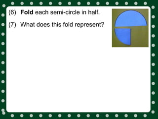 (6) Fold each semi-circle in half.
(7) What does this fold represent?
 
