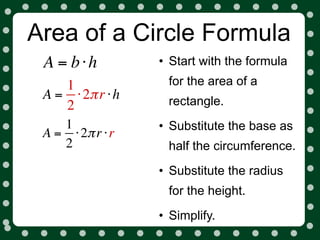 Area of a Circle Formula
 A = b⋅h          • Start with the formula
    1              for the area of a
 A = ⋅ 2π r ⋅ h    rectangle.
    2
    1             • Substitute the base as
 A = ⋅ 2π r ⋅ r
    2              half the circumference.
                  • Substitute the radius
                   for the height.
                  • Simplify.
 
