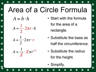 Area of a Circle Formula
 A = b⋅h          • Start with the formula
    1              for the area of a
 A = ⋅ 2π r ⋅ h    rectangle.
    2
    1             • Substitute the base as
 A = ⋅ 2π r ⋅ r
    2              half the circumference.
    1       1+1
                  • Substitute the radius
 A = ⋅ 2π r
    2
                   for the height.
                  • Simplify.
 