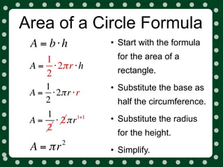 Area of a Circle Formula
 A = b⋅h          • Start with the formula
    1              for the area of a
 A = ⋅ 2π r ⋅ h    rectangle.
    2
    1             • Substitute the base as
 A = ⋅ 2π r ⋅ r
    2              half the circumference.
    1       1+1
                  • Substitute the radius
 A = ⋅ 2π r
    2
                   for the height.
          2
 A = πr           • Simplify.
 
