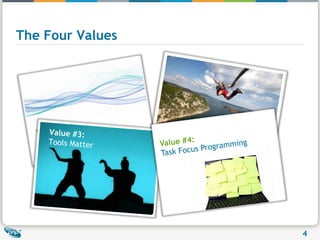 The Four ValuesValue #3: Tools MatterValue #1:Streamline software development life-cycleValue #2: CourageValue #4:Task Focus Programming