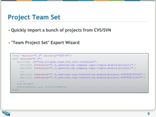 Project Team SetQuickly import a bunch of projects from CVS/SVN"Team Project Set" Export Wizard<?xml version="1.0" encoding="UTF-8"?><psf version="2.0"><provider id="org.eclipse.team.cvs.core.cvsnature"><project reference="1.0,:pserver:my.company.repo:/repos,module/project1"/><project reference="1.0,:pserver:my.company.repo:/repos,module/project1"/>     ...<project reference="1.0,:ext:oss.org:/cvsroot/ns,module/project,v200909160005"/><project reference="1.0,:ext:oss.org:/cvsroot/ns,module/project,v200904131653"/>     ...</provider><workingSets ...></workingSets><psf>