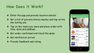 How Does it Work?
❖ Enter the app and provide location details
❖ Get a list of grocery stores nearby and tap on the
one suiting you
❖ Tap on the items you need and place order with
time, date and address
❖ Get order confirmed and track the same
❖ Get notified on arrival
❖ Provide feedback and rating
 