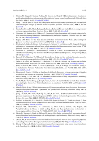 Bioengineering 2017, 4, 51 18 of 20
3. Stiehler, M.; Bünger, C.; Baatrup, A.; Lind, M.; Kassem, M.; Mygind, T. Effect of dynamic 3-D culture on
proliferation, distribution, and osteogenic differentiation of human mesenchymal stem cells. J. Biomed. Mater.
Res. Part A 2009, 89, 96–107. [CrossRef] [PubMed]
4. Wang, T.; Wu, H.; Wang, H.; Lin, F.; Sun, J. Regulation of adult human mesenchymal stem cells into osteogenic
and chondrogenic lineages by different bioreactor systems. J. Biomed. Mater. Res. Part A 2009, 88, 935–946.
[CrossRef]
5. Gooch, K.J.; Kwon, J.H.; Blunk, T.; Langer, R.; Freed, L.E.; Vunjak-Novakovic, G. Effects of mixing intensity
on tissue-engineered cartilage. Biotechnol. Bioeng. 2001, 72, 402–407. [CrossRef]
6. Sikavitsas, V.I.; Bancroft, G.N.; Mikos, A.G. Formation of three-dimensional cell/polymer constructs for
bone tissue engineering in a spinner ﬂask and a rotating wall vessel bioreactor. J. Biomed. Mater. Res. 2002,
62, 136–148. [CrossRef] [PubMed]
7. Begley, C.M.; Kleis, S.J. The ﬂuid dynamic and shear environment in the NASA/JSC rotating-wall
perfused-vessel bioreactor. Biotechnol. Bioeng. 2000, 70, 32–40. [CrossRef]
8. Diederichs, S.; Röker, S.; Marten, D.; Peterbauer, A.; Scheper, T.; van Griensven, M.; Kasper, C. Dynamic
cultivation of human mesenchymal stem cells in a rotating bed bioreactor system based on the Z® RP
platform. Biotechnol. Prog. 2009, 25, 1762–1771. [CrossRef] [PubMed]
9. Neumann, A.; Lavrentieva, A.; Heilkenbrinker, A.; Loenne, M.; Kasper, C. Characterization and Application
of a Disposable Rotating Bed Bioreactor for Mesenchymal Stem Cell Expansion. Bioengineering 2014, 1,
231–245. [CrossRef]
10. Bancroft, G.N.; Sikavitsas, V.I.; Mikos, A.G. Technical note: Design of a ﬂow perfusion bioreactor system for
bone tissue-engineering applications. Tissue Eng. 2003, 9, 549–554. [CrossRef] [PubMed]
11. Sailon, A.M.; Allori, A.C.; Davidson, E.H.; Reformat, D.D.; Allen, R.J.; Warren, S.M. A novel ﬂow-perfusion
bioreactor supports 3D dynamic cell culture. Biomed. Res. Int. 2009, 2009, 873816. [CrossRef] [PubMed]
12. Piola, M.; Soncini, M.; Cantini, M.; Sadr, N.; Ferrario, G.; Fiore, G.B. Design and Functional Testing of
a Multichamber Perfusion Platform for Three-Dimensional Scaffolds. Sci. World J. 2013, 2013, 123974.
[CrossRef] [PubMed]
13. Hansmann, J.; Groeber, F.; Kahlig, A.; Kleinhans, C.; Walles, H. Bioreactors in tissue engineering—Principles,
applications and commercial constraints. Biotechnol. J. 2013, 8, 298–307. [CrossRef] [PubMed]
14. Lee, P.J.; Hung, P.J.; Rao, V.M.; Lee, L.P. Nanoliter scale microbioreactor array for quantitative cell biology.
Biotechnol. Bioeng. 2006, 94, 5–14. [CrossRef] [PubMed]
15. Yu, W.; Qu, H.; Hu, G.; Zhang, Q.; Song, K.; Guan, H.; Liu, T. A microﬂuidic-based multi-shear device for
investigating the effects of low ﬂuid-induced stresses on osteoblasts. PLoS ONE 2014, 9, e89966. [CrossRef]
[PubMed]
16. Zhao, F.; Chella, R.; Ma, T. Effects of shear stress on 3-D human mesenchymal stem cell construct development
in a perfusion bioreactor system: Experiments and hydrodynamic modeling. Biotechnol. Bioeng. 2007, 96,
584–595. [CrossRef] [PubMed]
17. Jeong, J.Y.; Park, S.H.; Shin, J.W.; Kang, Y.G.; Han, K.-H.; Shin, J.-W. Effects of intermittent hydrostatic
pressure magnitude on the chondrogenesis of MSCs without biochemical agents under 3D co-culture.
J. Mater. Sci. Mater. Med. 2012, 23, 2773–2781. [CrossRef] [PubMed]
18. Fröhlich, M.; Grayson, W.L.; Marolt, D.; Gimble, J.M.; Kregar-Velikonja, N.; Vunjak-Novakovic, G. Bone
grafts engineered from human adipose-derived stem cells in perfusion bioreactor culture. Tissue Eng. Part A
2009, 16, 179–189. [CrossRef] [PubMed]
19. Grayson, W.L.; Bhumiratana, S.; Cannizzaro, C.; Chao, P.-H.G.; Lennon, D.P.; Caplan, A.I.;
Vunjak-Novakovic, G. Effects of initial seeding density and ﬂuid perfusion rate on formation of
tissue-engineered bone. Tissue Eng. Part A 2008, 14, 1809–1820. [CrossRef] [PubMed]
20. Wendt, D.; Marsano, A.; Jakob, M.; Heberer, M.; Martin, I. Oscillating perfusion of cell suspensions through
three-dimensional scaffolds enhances cell seeding efﬁciency and uniformity. Biotechnol. Bioeng. 2003, 84,
205–214. [CrossRef] [PubMed]
21. Zhao, F.; Ma, T. Perfusion bioreactor system for human mesenchymal stem cell tissue engineering: Dynamic
cell seeding and construct development. Biotechnol. Bioeng. 2005, 91, 482–493. [CrossRef] [PubMed]
22. Huang, C.; Ogawa, R. Effect of hydrostatic pressure on bone regeneration using human mesenchymal stem
cells. Tissue Eng. Part A 2012, 18, 2106–2113. [CrossRef] [PubMed]
 