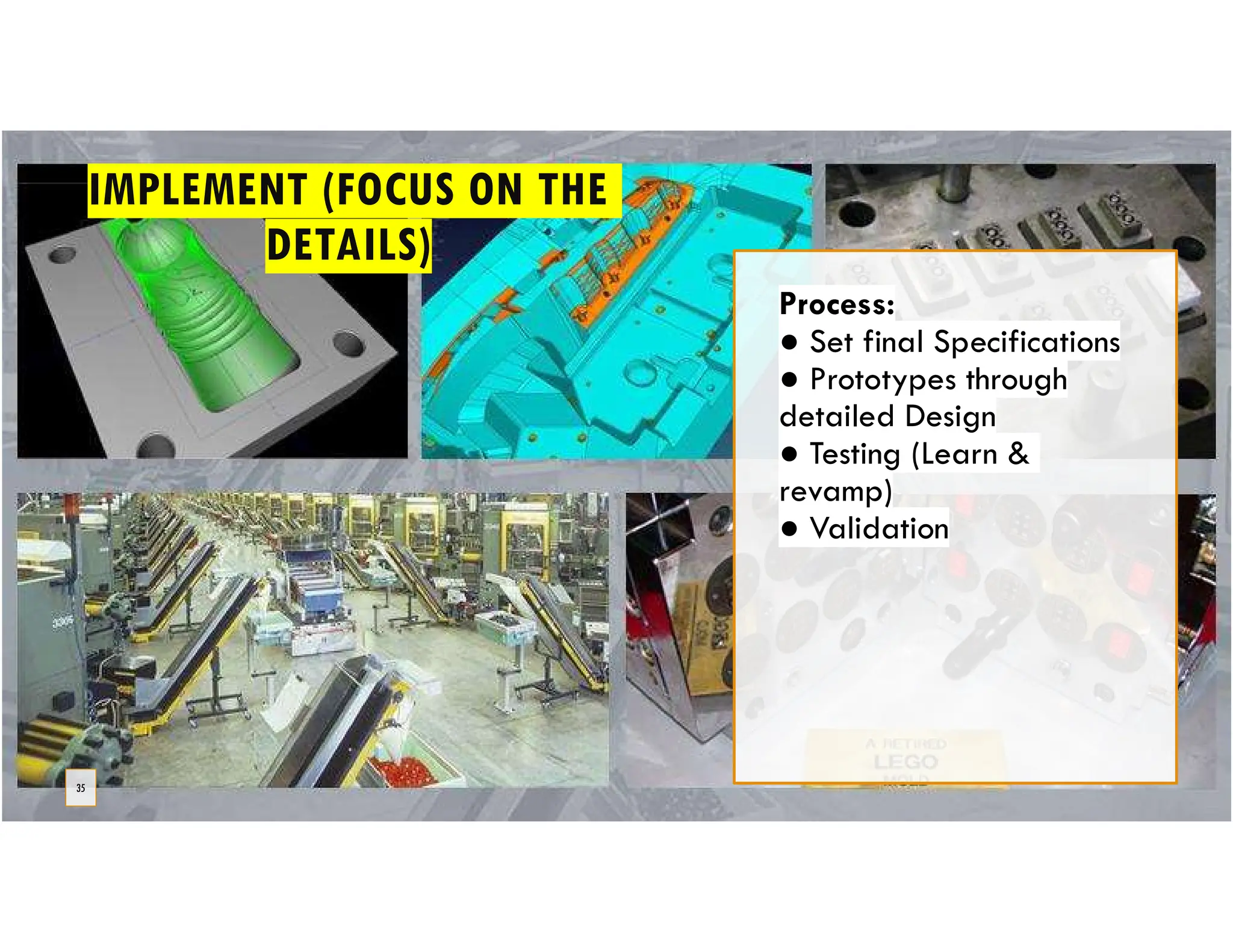Process:
● Set final Specifications
● Prototypes through
detailed Design
● Testing (Learn &
revamp)
● Validation
35
IMPLEMENT (FOCUS ON THE
DETAILS)
 