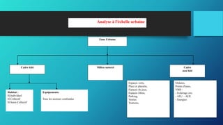 Zone Urbaine
Analyse à l'échelle urbaine
Cadre bâti Milieu naturel Cadre
non bâti
Habitat :
H-Individuel
H-Collectif
H-Semi-Collectif
Equipements:
Tous les secteurs confondus
Espaces verts,
Place et placette,
Espaces de jeux,
Espaces libres,
Parking,
Voiries
Trottoirs,
Ordures,
Points d'eaux,
VRD :
- Eclairage ext,
- AEU – AEP,
- Energies
 