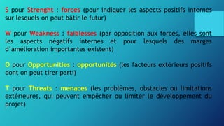 S pour Strenght : forces (pour indiquer les aspects positifs internes
sur lesquels on peut bâtir le futur)
W pour Weakness : faiblesses (par opposition aux forces, elles sont
les aspects négatifs internes et pour lesquels des marges
d’amélioration importantes existent)
O pour Opportunities : opportunités (les facteurs extérieurs positifs
dont on peut tirer parti)
T pour Threats : menaces (les problèmes, obstacles ou limitations
extérieures, qui peuvent empêcher ou limiter le développement du
projet)
 