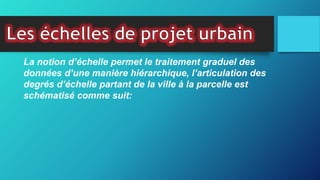 La notion d’échelle permet le traitement graduel des
données d’une manière hiérarchique, l’articulation des
degrés d’échelle partant de la ville à la parcelle est
schématisé comme suit:
 