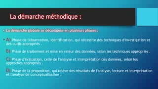 La démarche méthodique :
• La démarche globale se décompose en plusieurs phases :
• A) Phase de l'observation, identification, qui nécessite des techniques d'investigation et
des outils appropriés .
B) Phase de traitement et mise en valeur des données, selon les techniques appropriés .
C) Phase d'évaluation, celle de l'analyse et interprétation des données, selon les
approches appropriés .
D) Phase de la proposition, qui relève des résultats de l'analyse, lecture et interprétation
et l'analyse de conceptualisation .
 