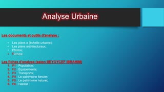 Analyse Urbaine
Les documents et outils d'analyse :
• Les plans a (échelle urbaine);
• Les plans architecturaux;
• Photos;
• Fiches;
Les fiches d'analyse (selon BEYOYCEF IBRAHIM)
1. F1 : Population;
2. F2 : Équipements;
3. F3 : Transports;
4. F4 : Le patrimoine foncier;
5. F5 : Le patrimoine naturel;
6. F6 : Habitat :
 