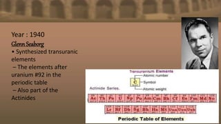 Year : 1940
Glenn Seaborg
• Synthesized transuranic
elements
– The elements after
uranium #92 in the
periodic table
– Also part of the
Actinides
 