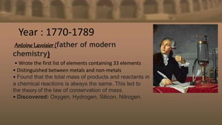 Antoine Lavoisier (father of modern
chemistry)
• Wrote the first list of elements containing 33 elements
• Distinguished between metals and non-metals
• Found that the total mass of products and reactants in
a chemical reactions is always the same. This led to
the theory of the law of conservation of mass.
• Discovered: Oxygen, Hydrogen, Silicon, Nitrogen.
Year : 1770-1789
 