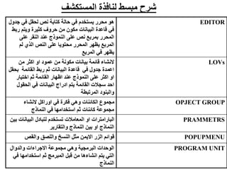 ‫المستكشف‬ ‫لنافذة‬ ‫مبسط‬ ‫شرح‬
‫ج‬ ‫في‬ ‫لحقل‬ ‫نص‬ ‫كتابة‬ ‫حالة‬ ‫في‬ ‫يستخدم‬ ‫محرر‬ ‫هو‬
‫دول‬
‫ر‬ ‫ويتم‬ ‫كثيرة‬ ‫حروف‬ ‫من‬ ‫مكون‬ ‫البيانات‬ ‫قاعدة‬ ‫في‬
‫بط‬
‫على‬ ‫النقر‬ ‫عند‬ ‫النموذج‬ ‫على‬ ‫نص‬ ‫بمربع‬ ‫المحرر‬
‫لم‬ ‫الذي‬ ‫النص‬ ‫على‬ ‫محتويا‬ ‫المحرر‬ ‫يظهر‬ ‫المربع‬
‫المربع‬ ‫في‬ ‫يظهر‬
EDITOR
‫من‬ ‫اكثر‬ ‫او‬ ‫عمود‬ ‫من‬ ‫مكونة‬ ‫بيانات‬ ‫قائمة‬ ‫النشاء‬
‫ب‬ ‫القائمة‬ ‫ربط‬ ‫ثم‬ ‫البيانات‬ ‫قاعدة‬ ‫في‬ ‫جدول‬ ‫اعمدة‬
‫حقل‬
‫اختيار‬ ‫ثم‬ ‫القائمة‬ ‫اظهار‬ ‫عند‬ ‫النموذج‬ ‫على‬ ‫اكثر‬ ‫او‬
‫الحقو‬ ‫في‬ ‫البيانات‬ ‫ادراج‬ ‫يتم‬ ‫القائمة‬ ‫سجالت‬ ‫احد‬
‫ل‬
‫المرتبطة‬ ‫والبنود‬
LOVs
‫النشاء‬ ‫اوراكل‬ ‫في‬ ‫فكرة‬ ‫وهي‬ ‫الكائنات‬ ‫مجموع‬
‫النماذج‬ ‫في‬ ‫استخدامها‬ ‫ثم‬ ‫كائنات‬ ‫مجموعة‬
OPJECT GROUP
‫البيانا‬ ‫لتبادل‬ ‫تستخدم‬ ‫المعامالت‬ ‫او‬ ‫البارامترات‬
‫بين‬ ‫ت‬
‫والتقارير‬ ‫النماذج‬ ‫بين‬ ‫او‬ ‫النماذج‬
PRAMMETRS
‫والقص‬ ‫واللصق‬ ‫النسخ‬ ‫مثل‬ ‫االيمن‬ ‫الزر‬ ‫قوائم‬ POPUPMENU
‫والدوال‬ ‫االجراءات‬ ‫مجموعة‬ ‫وهي‬ ‫البرمجية‬ ‫الوحدات‬
‫ف‬ ‫استخدامها‬ ‫ثم‬ ‫المبرمج‬ ‫قبل‬ ‫من‬ ‫انشاءها‬ ‫يتم‬ ‫التي‬
‫ي‬
‫النماذج‬
PROGRAM UNIT
 