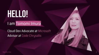 @girlie_mac
Hello!
I am Tomomi Imura
Cloud Dev Advocate at Microsoft
Advisor at Code Chrysalis
2
 