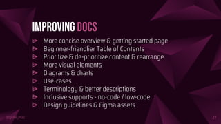 @girlie_mac
Improving Docs
⩥ More concise overview & getting started page
⩥ Beginner-friendlier Table of Contents
⩥ Prioritize & de-prioritize content & rearrange
⩥ More visual elements
⩥ Diagrams & charts
⩥ Use-cases
⩥ Terminology & better descriptions
⩥ Inclusive supports - no-code / low-code
⩥ Design guidelines & Figma assets
27
 