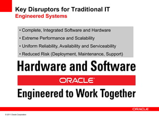 Key Disruptors for Traditional IT
           Engineered Systems

                •  Complete, Integrated Software and Hardware
                •  Extreme Performance and Scalability
                •  Uniform Reliability, Availability and Serviceability
                •  Reduced Risk (Deployment, Maintenance, Support)




© 2011 Oracle Corporation
 