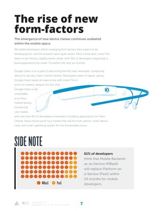 7Copyright © 2012
Appcelerator, Inc. and IDC. All Rights reserved
The emergence of new device classes continues unabated
within the mobile space.
We asked developers which emerging form factors they expect to be
developing for, and the answers were quite varied. After a slow start, smart TVs
seem to be hitting a slightly better stride, with 16% of developers expecting to
build applications for smart TVs within the next six months.
Google Glass is on a path to becoming the first real “wearable” computing
device to see any mass-market interest. Developers seem to agree, giving
Google Glass nearly an even score with smart TVs in
terms of interest, despite the fact that
Google Glass is still
unavailable
as a mass-
market device.
Connected
cars trailed,
with less than 8% of developers interested in building applications for them.
Overall, these results point to a market that will be multi-device, multi-device
class, and multi-operating system for the foreseeable future.
The rise of new
form-factors
61% of developers
think that Mobile Backend-
as-as-Service (MBaaS)
will replace Platform-as-
a-Service (PaaS) within
24 months for mobile
developers.
sidenote
MBaaS PaaS
 