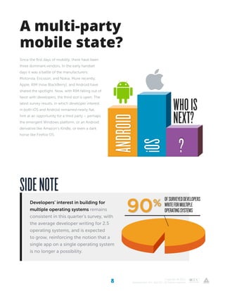 8 Copyright © 2012
Appcelerator, Inc. and IDC. All Rights reserved
A multi-party
mobile state?
Since the first days of mobility, there have been
three dominant vendors. In the early handset
days it was a battle of the manufacturers:
Motorola, Ericsson, and Nokia. More recently,
Apple, RIM (now BlackBerry), and Android have
shared the spotlight. Now, with RIM falling out of
favor with developers, the third slot is open. The
latest survey results, in which developer interest
in both iOS and Android remained nearly flat,
hint at an opportunity for a third party – perhaps
the emergent Windows platform, or an Android
derivative like Amazon’s Kindle, or even a dark
horse like Firefox OS.
?
android
iOS
Whois
next?
Developers’ interest in building for
multiple operating systems remains
consistent in this quarter’s survey, with
the average developer writing for 2.5
operating systems, and is expected
to grow, reinforcing the notion that a
single app on a single operating system
is no longer a possibility.
ofsurveyeddevelopers
writeformultiple
operatingsystems
sidenote
 