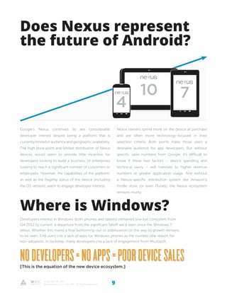 9Copyright © 2012
Appcelerator, Inc. and IDC. All Rights reserved
4
10 7
Google’s Nexus continues to see considerable
developer interest despite being a platform that is
currentlylimitedinaudienceandgeographicavailability.
The high price point and limited distribution of Nexus
devices would seem to provide little incentive for
developers looking to build a business, or enterprises
looking to reach a significant number of customers or
employees. However, the capabilities of the platform,
as well as the flagship status of the device (including
the OS version), seem to engage developer interest.
Nexus owners spend more on the device at purchase
and are often more technology-focused in their
selection criteria. Both points make those users a
desirable audience for app developers. But without
specific sales numbers from Google, it’s difficult to
know if these two factors – device spending and
technical savvy – will translate to higher revenue
numbers or greater application usage. And without
a Nexus-specific distribution system like Amazon’s
Kindle store (or even iTunes), the Nexus ecosystem
remains murky.
Developers interest in Windows (both phones and tablets) remained low but consistent from
Q4 2012 to current, a departure from the significant falloff we’d seen since the Windows 7
debut. Whether this marks a final bottoming-out or stabilization on the way to growth remains
to be seen. End users cite a lack of apps for Windows phones as the number one reason for
non-adoption. In lockstep, many developers cite a lack of engagement from Microsoft.
Where is Windows?
Does Nexus represent
the future of Android?
nodevelopers=noapps=poordevicesales[This is the equation of the new device ecosystem.]
 