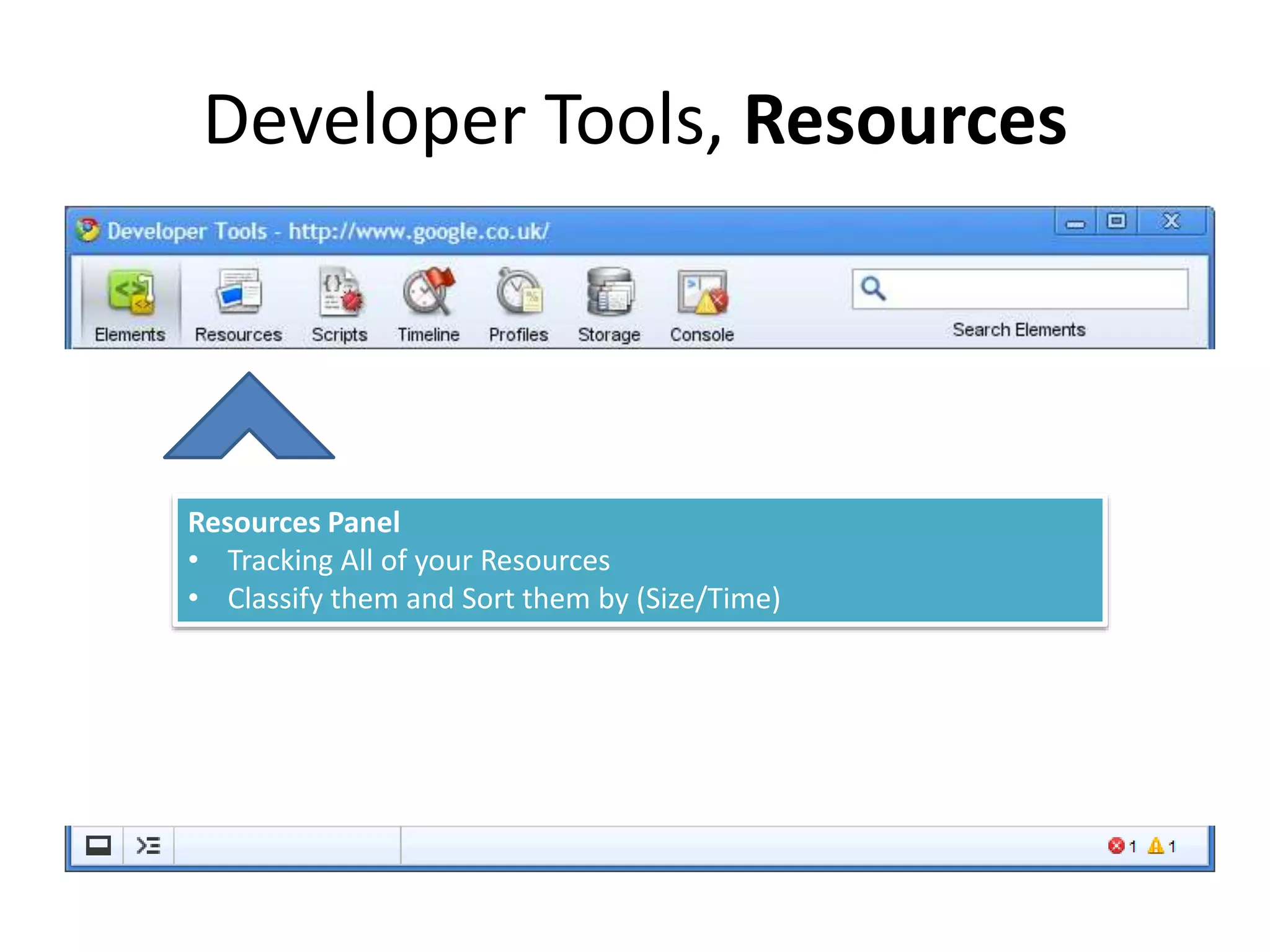Developer Tools, Resources
Resources Panel
• Tracking All of your Resources
• Classify them and Sort them by (Size/Time)
 