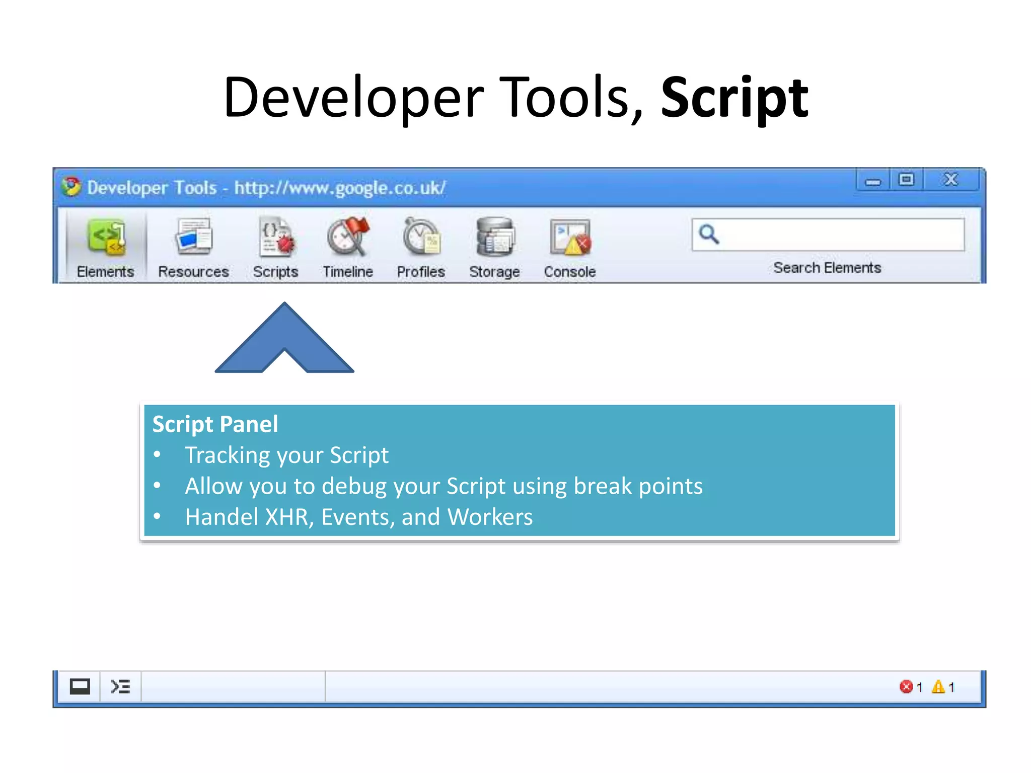 Developer Tools, Script
Script Panel
• Tracking your Script
• Allow you to debug your Script using break points
• Handel XHR, Events, and Workers
 