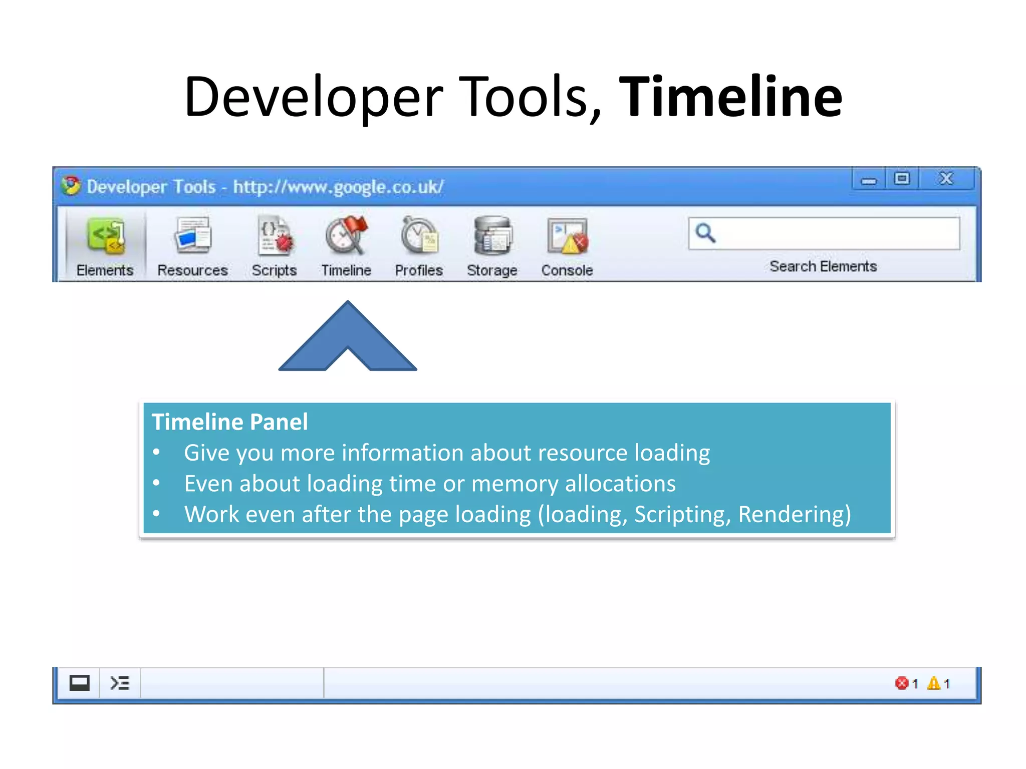 Developer Tools, Timeline
Timeline Panel
• Give you more information about resource loading
• Even about loading time or memory allocations
• Work even after the page loading (loading, Scripting, Rendering)
 