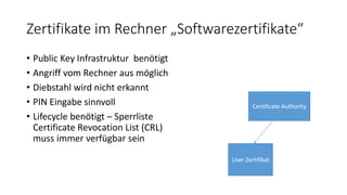 Zertifikate im Rechner „Softwarezertifikate“
• Public Key Infrastruktur benötigt
• Angriff vom Rechner aus möglich
• Diebstahl wird nicht erkannt
• PIN Eingabe sinnvoll
• Lifecycle benötigt – Sperrliste
Certificate Revocation List (CRL)
muss immer verfügbar sein
Certificate Authority
User Zertifikat
 