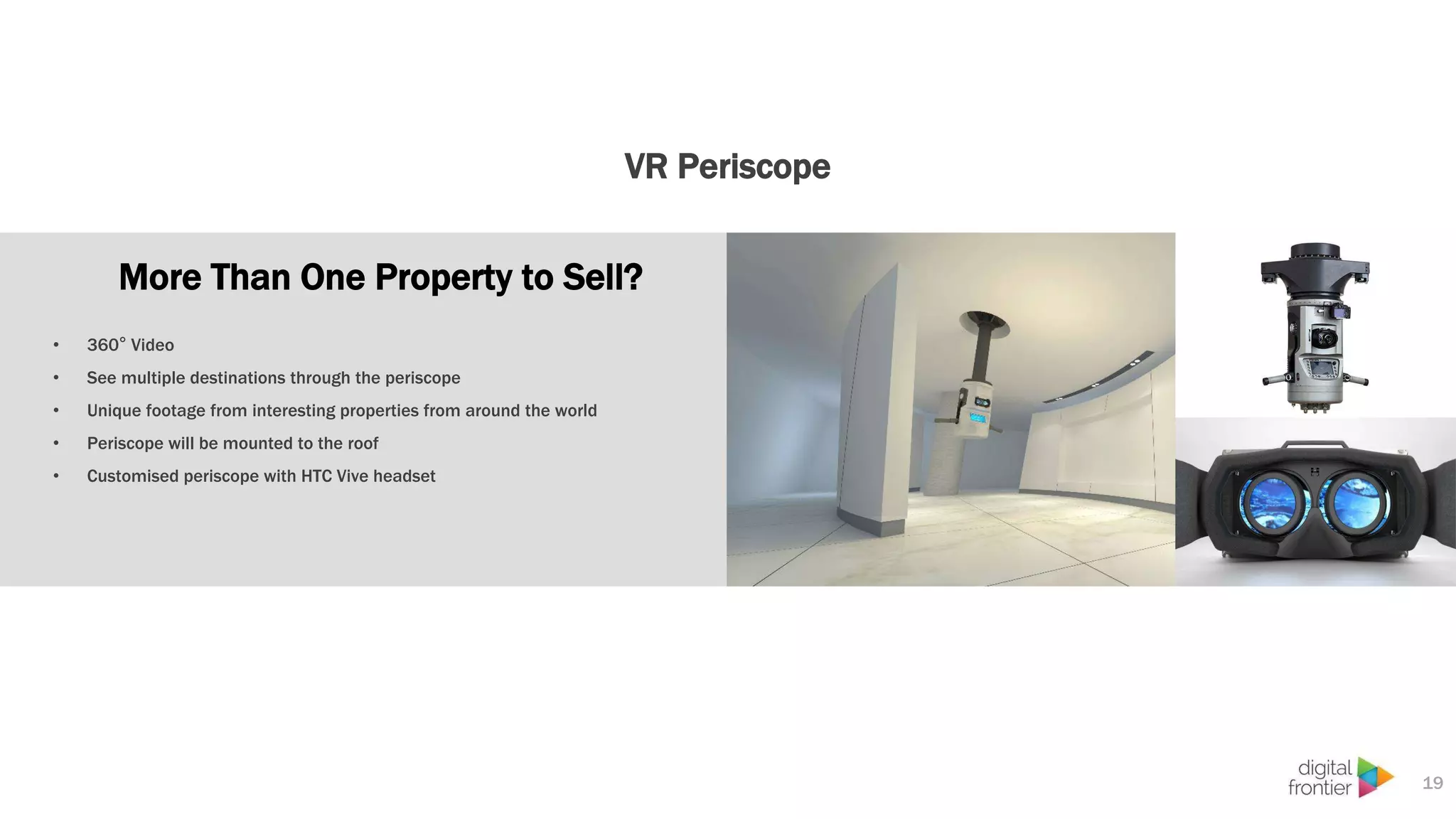 VR Periscope
19
• 360° Video
• See multiple destinations through the periscope
• Unique footage from interesting properties from around the world
• Periscope will be mounted to the roof
• Customised periscope with HTC Vive headset
More Than One Property to Sell?
 