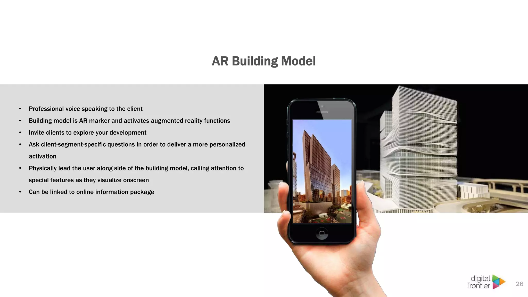 AR Building Model
26
• Professional voice speaking to the client
• Building model is AR marker and activates augmented reality functions
• Invite clients to explore your development
• Ask client-segment-specific questions in order to deliver a more personalized
activation
• Physically lead the user along side of the building model, calling attention to
special features as they visualize onscreen
• Can be linked to online information package
 