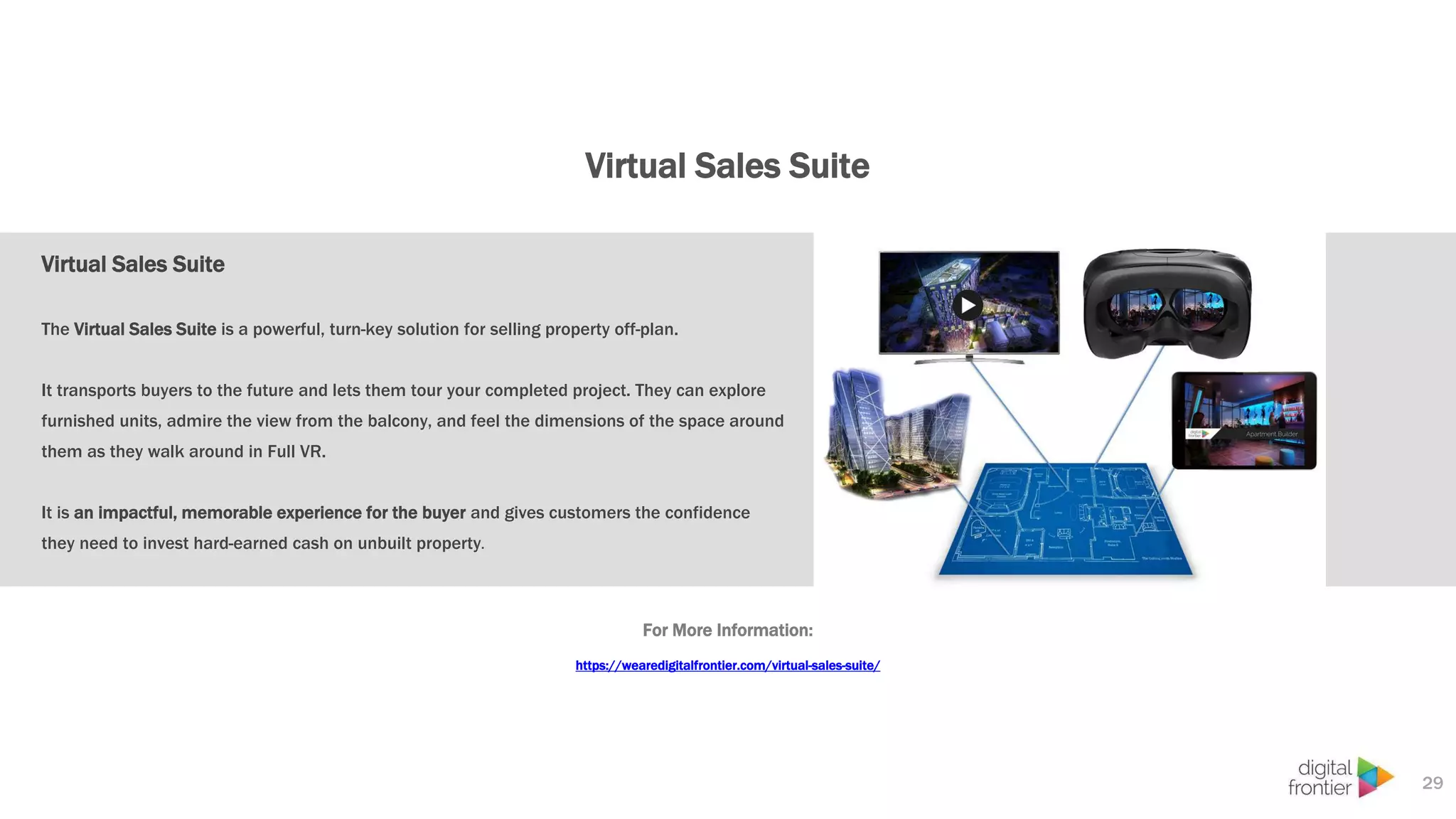 Virtual Sales Suite
29
Virtual Sales Suite
The Virtual Sales Suite is a powerful, turn-key solution for selling property off-plan.
It transports buyers to the future and lets them tour your completed project. They can explore
furnished units, admire the view from the balcony, and feel the dimensions of the space around
them as they walk around in Full VR.
It is an impactful, memorable experience for the buyer and gives customers the confidence
they need to invest hard-earned cash on unbuilt property.
For More Information:
https://wearedigitalfrontier.com/virtual-sales-suite/
 