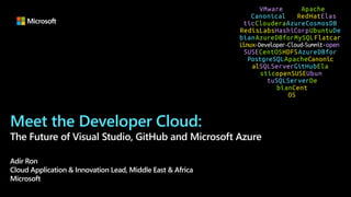 Meet the Developer Cloud:
The Future of Visual Studio, GitHub and Microsoft Azure
Adir Ron
Cloud Application & Innovation Lead, Middle East & Africa
Microsoft
 