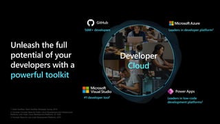 powerful toolkit
Cloud
56M+ developers Leaders in developer platform2
#1 developer tool1
Leaders in low-code
development platforms3
1: Stack Overflow: Stack Overflow Developer Survey, 2019
2: Forrester: Forrester Wave for Public Cloud Development and Infrastructure
Platforms, and, Public Cloud Development Platforms, Q1 2020
3: Forrester Wave for Low-Code Development Platforms, 2019
 
