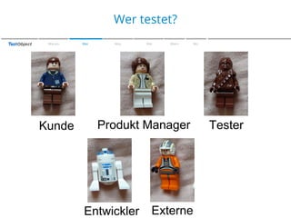 Zu den Farben
Wer testet?
Warum

Kunde

Wer

Was

Wie

Wann

Produkt Manager

Entwickler

Externe

Wo

Tester

 