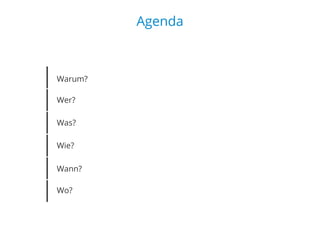 Agenda

Warum?
Wer?
Was?
Wie?
Wann?
Wo?

 