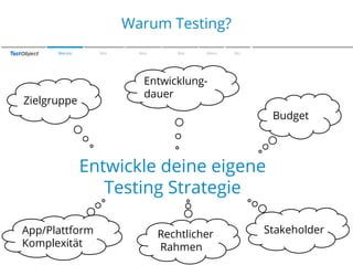 Zu den Farben
Warum Testing?
Warum

Wer

Was

Wie

Wann

Wo

Entwicklungdauer

Zielgruppe

Budget

Entwickle deine eigene
Testing Strategie
App/Plattform
Komplexität

Rechtlicher
Rahmen

Stakeholder

 