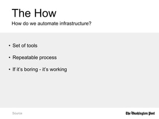 The How
How do we automate infrastructure?
Source
• Set of tools
• Repeatable process
• If it’s boring - it’s working
 