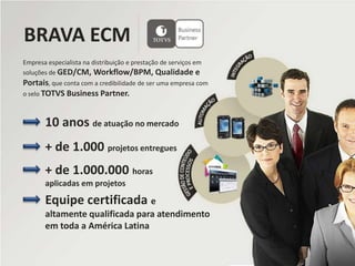 BRAVA ECMEmpresa especialista na distribuição e prestação de serviços em soluções de GED/CM, Workflow/BPM, Qualidade e Portais, que conta com a credibilidade de ser uma empresa com o selo TOTVS Business Partner.10 anos de atuação no mercado+ de 1.000 projetos entregues+ de 1.000.000 horas aplicadas em projetosEquipe certificada ealtamente qualificada para atendimento em toda a América Latina