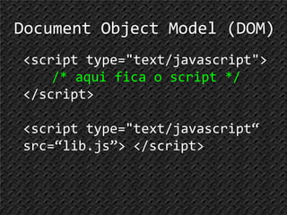 20Document Object Model (DOM)<script type="text/javascript"> 	/* aqui fica o script */ </script><script type="text/javascript“ src=“lib.js”> </script>