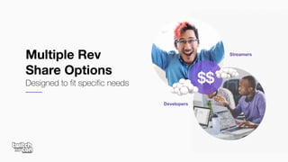 Multiple Rev
Share Options
Designed to fit specific needs
Developers
Streamers
$$
 