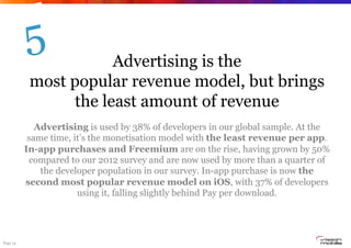 5           Advertising is the
           most popular revenue model, but brings
                the least amount of revenue
             Advertising is used by 38% of developers in our global sample. At the
           same time, it’s the monetisation model with the least revenue per app.
          In-app purchases and Freemium are on the rise, having grown by 50%
           compared to our 2012 survey and are now used by more than a quarter of
              the developer population in our survey. In-app purchase is now the
          second most popular revenue model on iOS, with 37% of developers
                       using it, falling slightly behind Pay per download.




Page 14
 