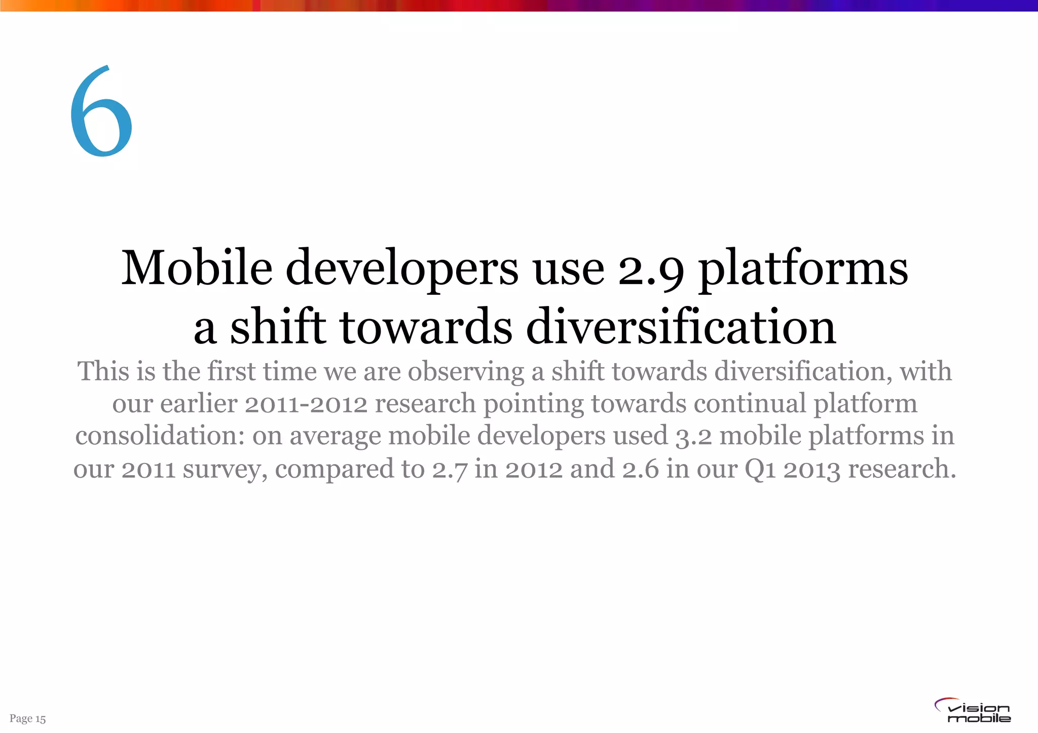 Page 15
Mobile developers use 2.9 platforms
a shift towards diversification
This is the first time we are observing a shift towards diversification, with
our earlier 2011-2012 research pointing towards continual platform
consolidation: on average mobile developers used 3.2 mobile platforms in
our 2011 survey, compared to 2.7 in 2012 and 2.6 in our Q1 2013 research.
6
 