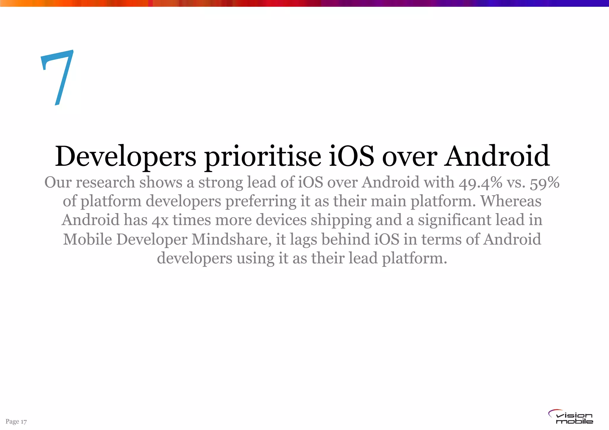 Page 17
Developers prioritise iOS over Android
Our research shows a strong lead of iOS over Android with 49.4% vs. 59%
of platform developers preferring it as their main platform. Whereas
Android has 4x times more devices shipping and a significant lead in
Mobile Developer Mindshare, it lags behind iOS in terms of Android
developers using it as their lead platform.
7
 
