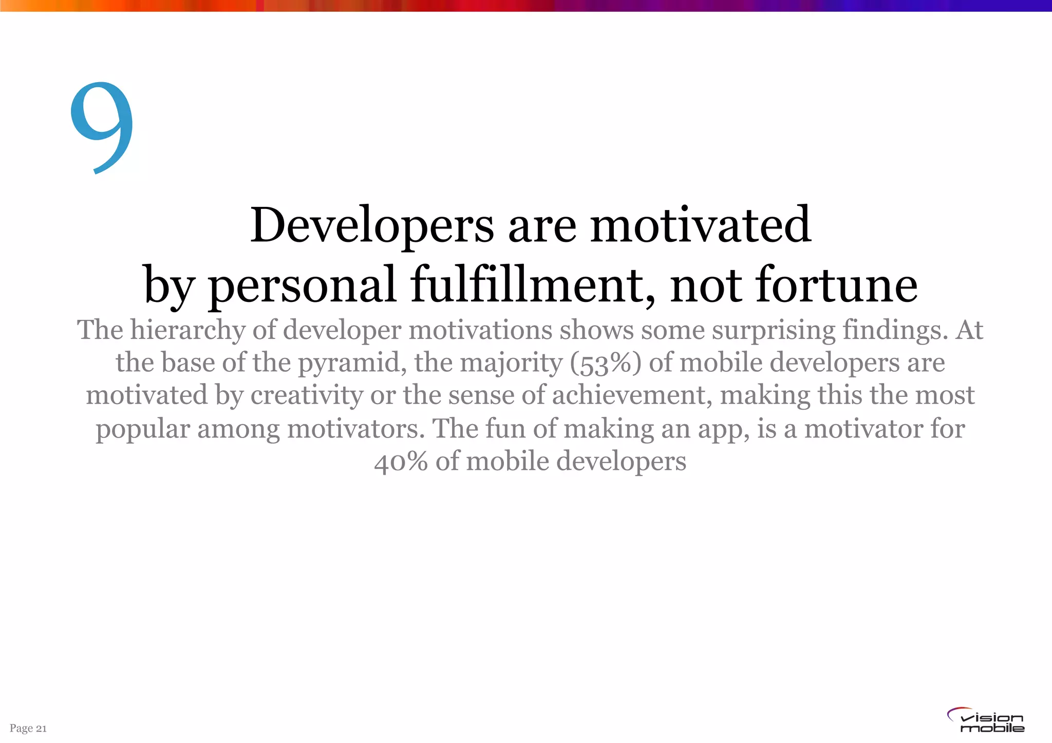 Page 21
Developers are motivated
by personal fulfillment, not fortune
The hierarchy of developer motivations shows some surprising findings. At
the base of the pyramid, the majority (53%) of mobile developers are
motivated by creativity or the sense of achievement, making this the most
popular among motivators. The fun of making an app, is a motivator for
40% of mobile developers
9
 