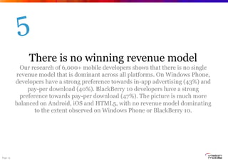 Page 13
There is no winning revenue model
Our research of 6,000+ mobile developers shows that there is no single
revenue model that is dominant across all platforms. On Windows Phone,
developers have a strong preference towards in-app advertising (43%) and
pay-per download (40%). BlackBerry 10 developers have a strong
preference towards pay-per download (47%). The picture is much more
balanced on Android, iOS and HTML5, with no revenue model dominating
to the extent observed on Windows Phone or BlackBerry 10.
5
 