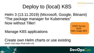 Deploy to (local) K8S
Helm 3 (13.11.2019) (Microsoft, Google, Bitnami)
“The package manager for Kubernetes”
Now without Ti...