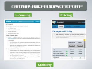 Can I safely build a business on top of it?
  Licensing                   Pricing




                Stability
 