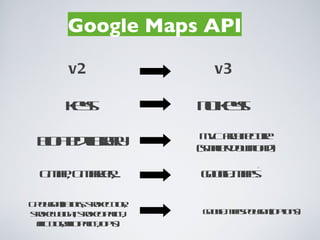 Google Maps API

            v2                        v3

           keys                   no keys!
                                   MVC architecture
  bloated library                 (smaller download)

   GMap, GMarker,...               google.maps.*

GPolygon(latlngs, strokeColor,
strokeWeight, strokeOpacity,       google.maps.Polygon(options)
  fillColor, fillOpacity, opts)
 