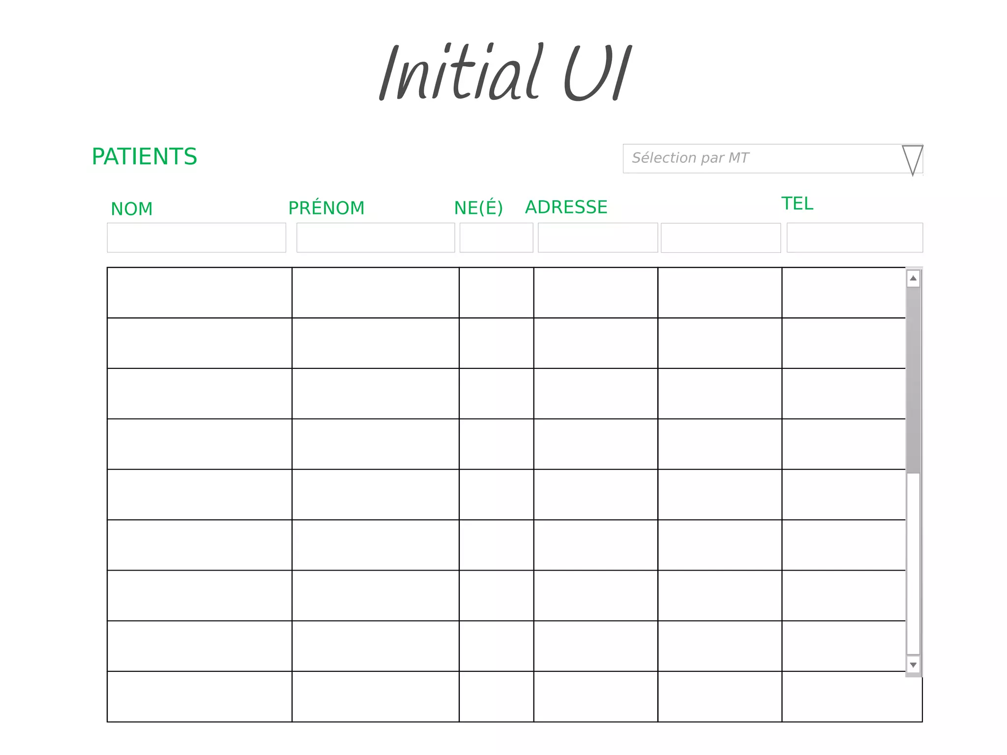 Initial UI
NOM PRÉNOM NE(É) ADRESSE TEL
PATIENTS Sélection par MT
 